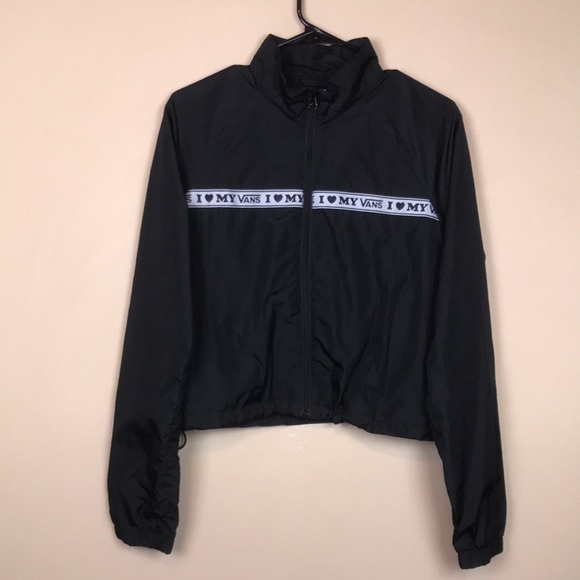 NWT Vans Women’s “I LOVE MY VANS” Black White Zip-Up Windbreaker Jacket - Picture 1 of 12